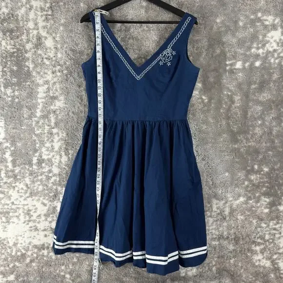 Hell Bunny Vixen Sz L Navy Nautical Sailor Flare Swing Dress Rockabilly Retro - Picture 2 of 10